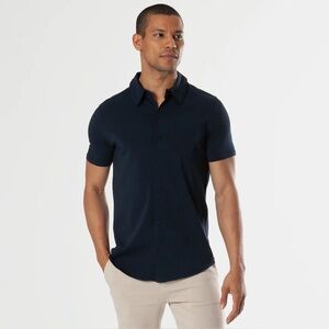 True classic short sleeve knit shirt navy button down collared
